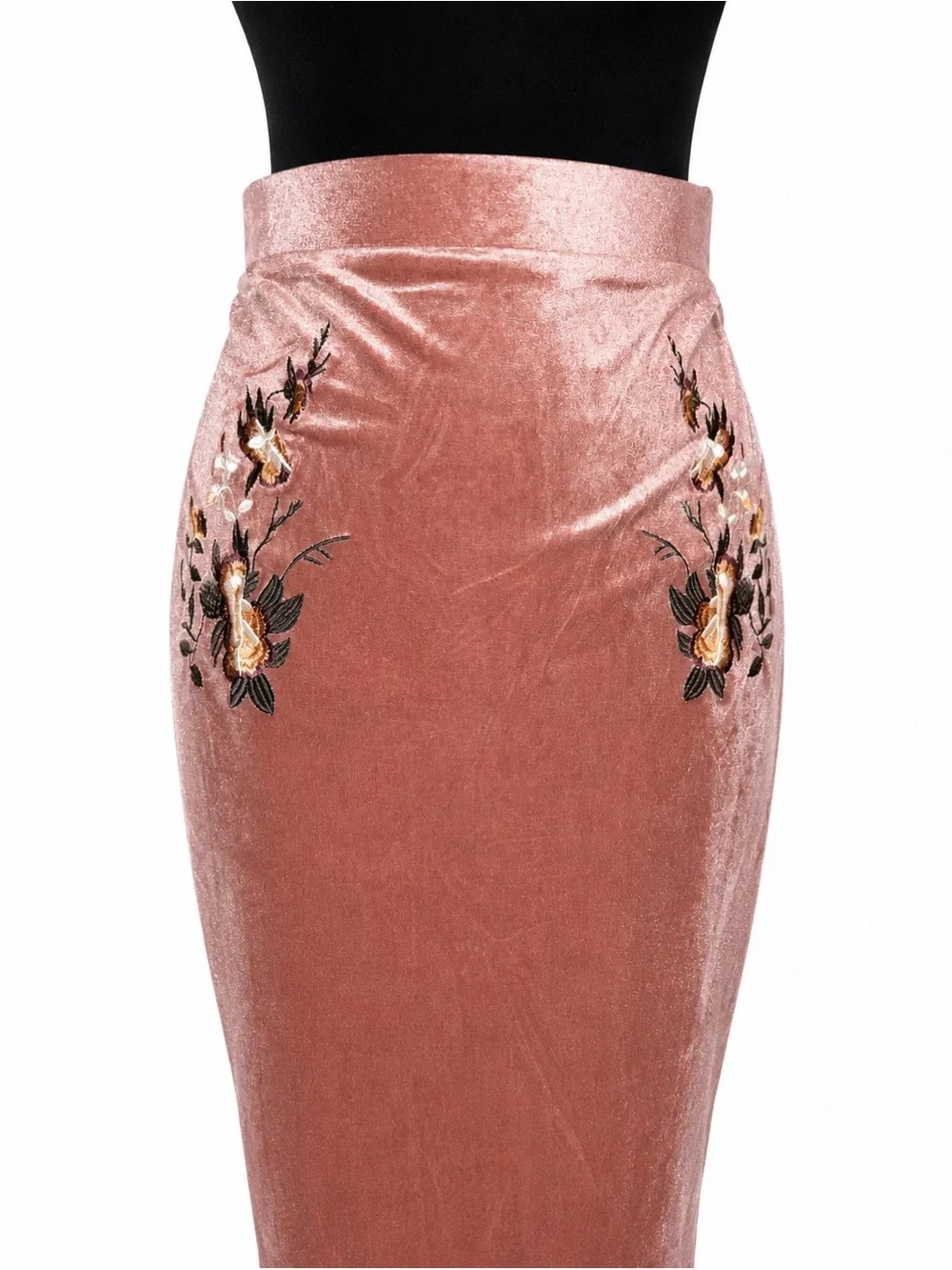 Embroidered Velvet Pencil Skirt - Pink